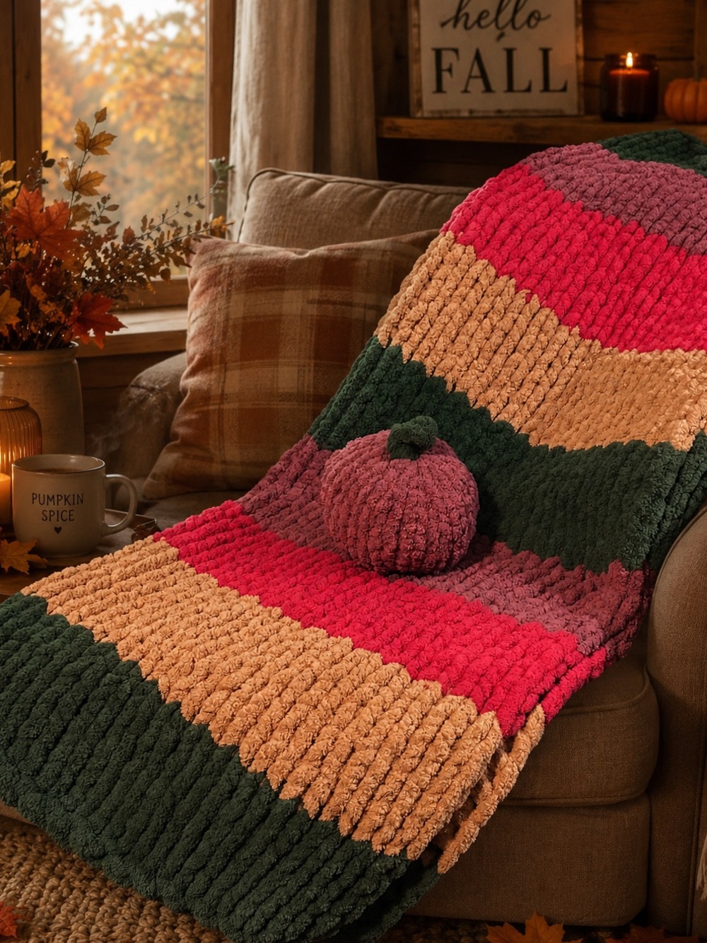 Hand knit chunky yarn fall blanket